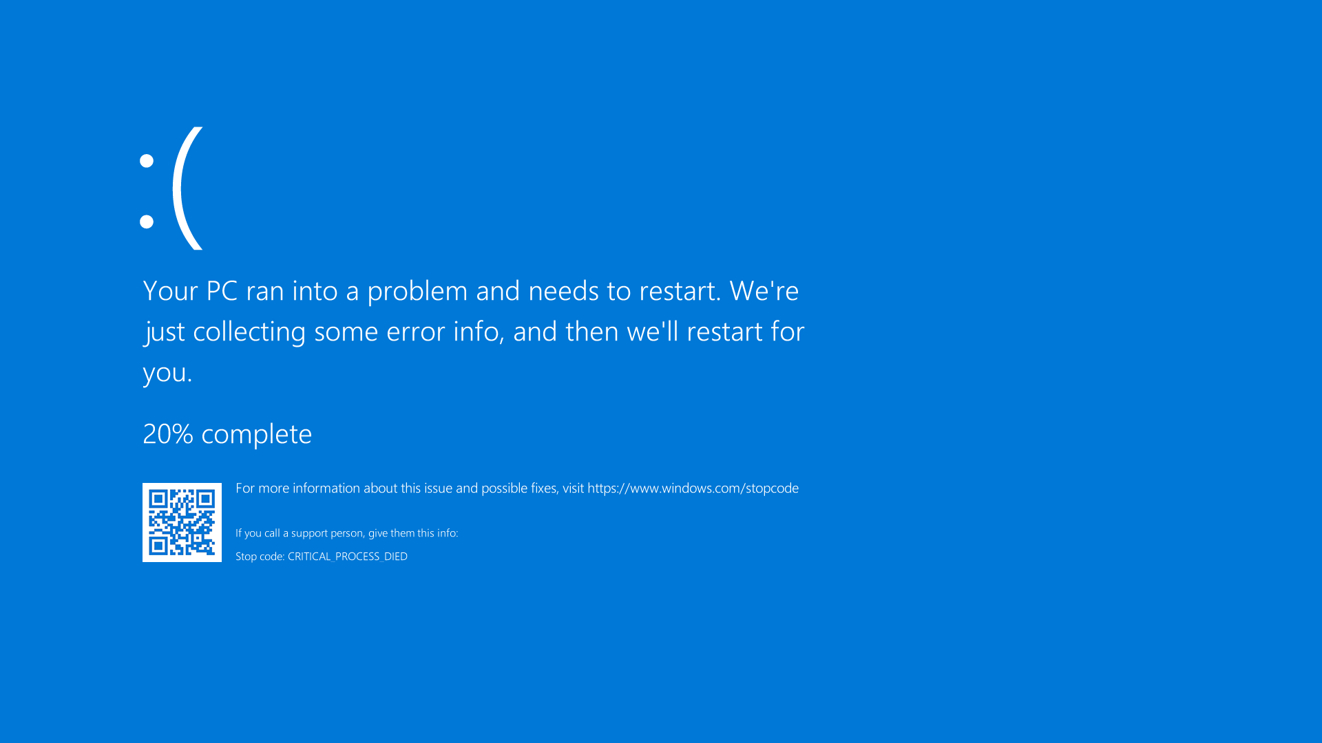 Écran bleu de Windows 10 : « Your PC ran into a problem and needs to restart », avec le code d’arrêt CRITICAL_PROCESS_DIED